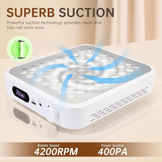 Nail Dust Collector, Rechargeable Dust Collector Nail Tech, Powerful Vacuum Fan Vent Dust Collector Extractor Dust Suction Machine for Acrylic Nails Polishing, Nail Salon&Home
