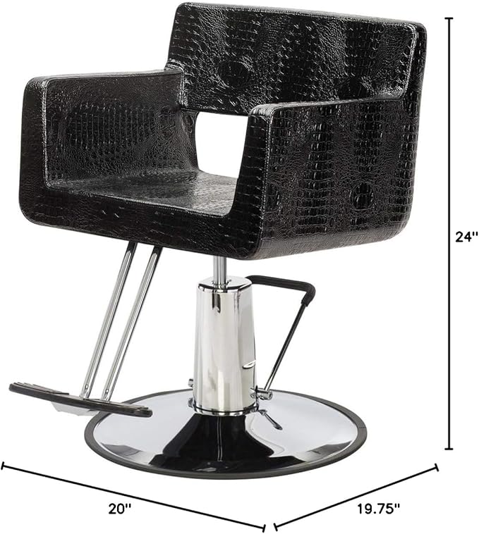 Buy-Rite Rosa Styling Chair for Salons & Barbershops - Crocodile Black, 23" Heavy-Duty Chrome Base, Wide Seat, Hydraulic Pump, No-Crevice Design, Armrests - YLG-308-CROC