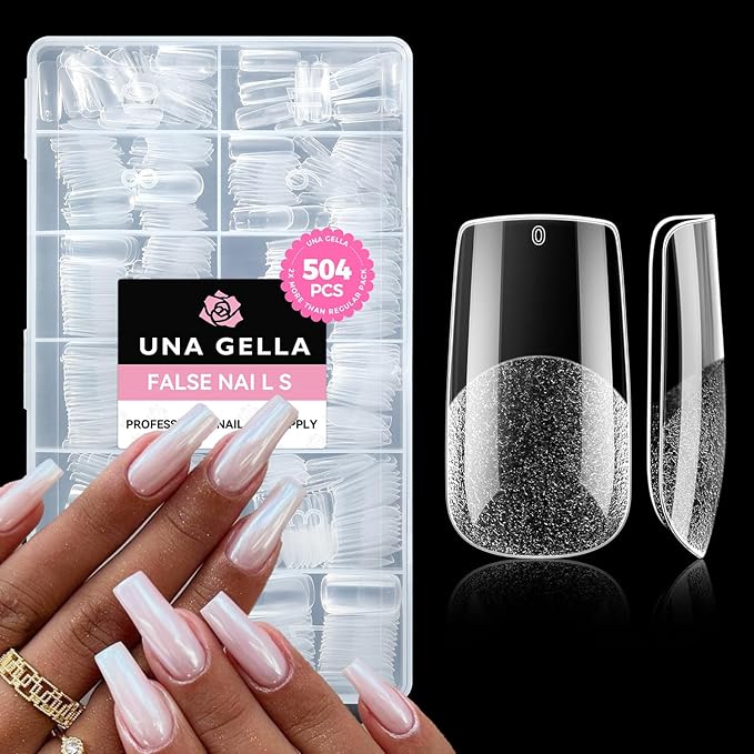 UNA GELLA Square Fake Nails, 504pcs Gel Nail Tips Clear Press on Nails Pre-shape for Full Cover Square Nails French False Nails For Nail Extension Nail Art Home DIY 12 Sizes False Gelly Tips