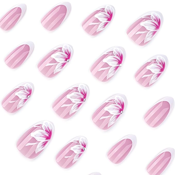 IMRAIN Medium Almond Press on Nails White French Tips Fake Nails with Pink Flower Designs Glossy Gel Glue on Nails Full Cover Spring Floral Acrylic False Nails Stick on Nails for Women 24Pcs