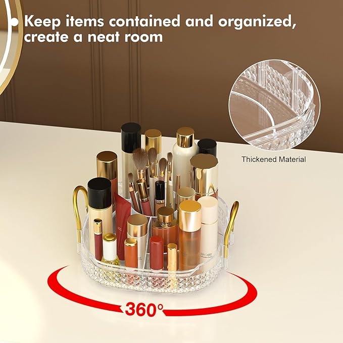 Awenia Rotating Makeup Organizer 360, Stackable Adjustable Large Capacity Cosmetic Storage Unit,Dresser Bathroom Kitchen Countertop Organizer with Metal Handle, Plus Size (Clear, 1 Tier)