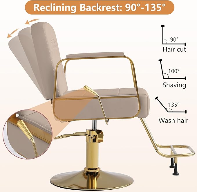 Barber Salon Chair for Hair Sylist, Hydraulic Salon Chairs, Height Adjustable Barber Chairs, Reclining Barber Styling Chairs, 360 Degrees Rotation Shampoo Chair for Barbershop (Grey-Golden)