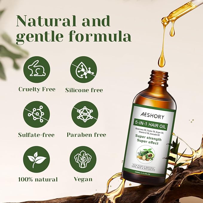 Aeshory Hair Oil - 5 IN 1 Hair Care Oil with Rosemary, Castor, Argan, Vitamin E, and Avocado for Hair Growth and Strengthening - Nourishing and Volumizing 3.38 fl oz