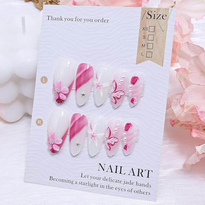 24Pcs Pink Flower Press on Nails Medium Long Almond Fake Nails 3D Flower Acrylic Nails Silver Beads Starfish Gem Spring Summer Glue on Nail Pink French Tip False Nails Cute Stick on Nail for Women