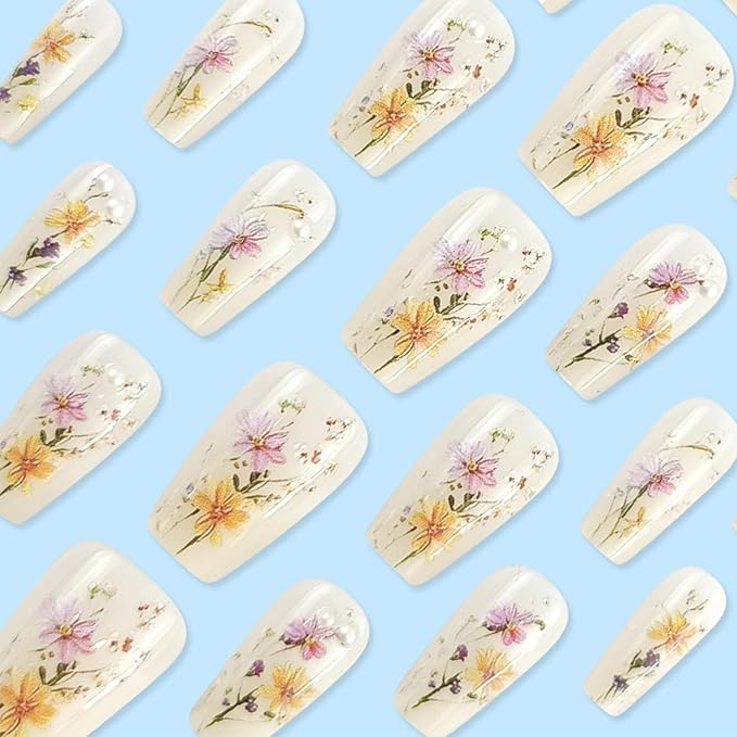 Spring Flowers Press on Nails Glossy Pink Flower Fake Nails 24Pcs Green Leaves Stick on Nails Medium Coffin Acrylic False Nails Pearls Gel Glue on Nails for Coquette Women Girls