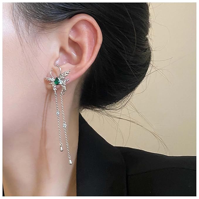 Vintage Emerald Butterfly Earrings Silver Chain Tassel Drop Earrings Butterfly Emerald Stud Earings Long Cz Chain Earrings Jewelry for Women and Girls