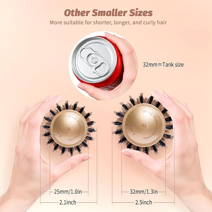 Round Hair Brush for Blow Out, Nano Thermal Ceramic & Ionic Tech, 1.3 inch Barrel, Boar Bristles, Roller Brush for Blow Drying and Styling, Includes 4 Free Clips, Gold