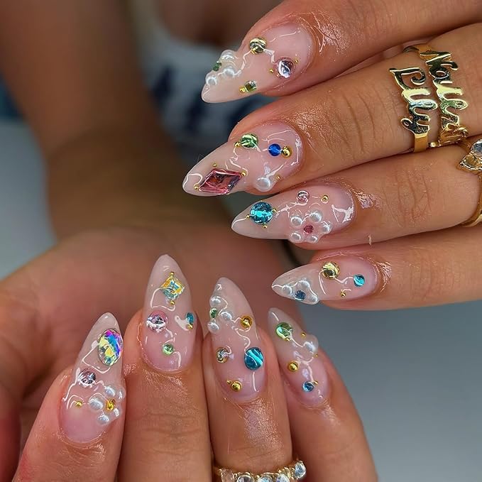 Long Almond Shape Press on Nails | Nude Pink Fake Nails with Pearls & Colorful Gems | Stick on Nail for Women 24pcs
