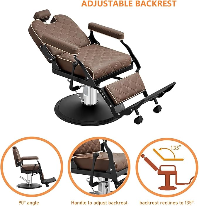 Kaleurrier Salon Chair for Hair Stylist: Heavy Duty Barber Chairs with headrest and footrest - Reclining Hair Styling Chair for Salon Station Barbershop Tattoo Shop Home Hair Cut Massage Brown