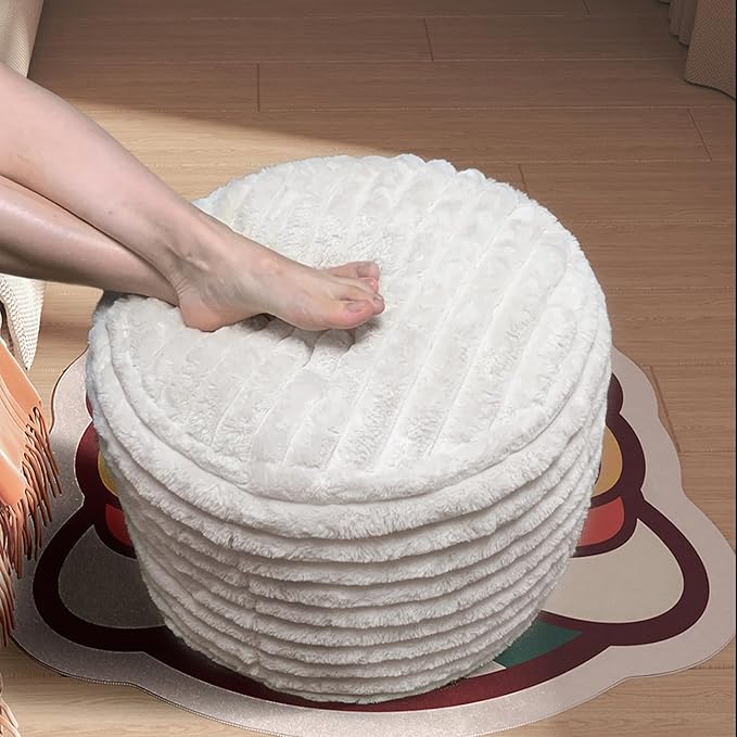Pouf Ottoman Stuffed Round for Foot Rest, Faux Fur Poufs with Foam Chunk Filling, Storage Ottoman Pouf Foot Stool Cushion, 20 X 15 Inch Floor Chair for Living Room Bedroom Home Decor, Beige
