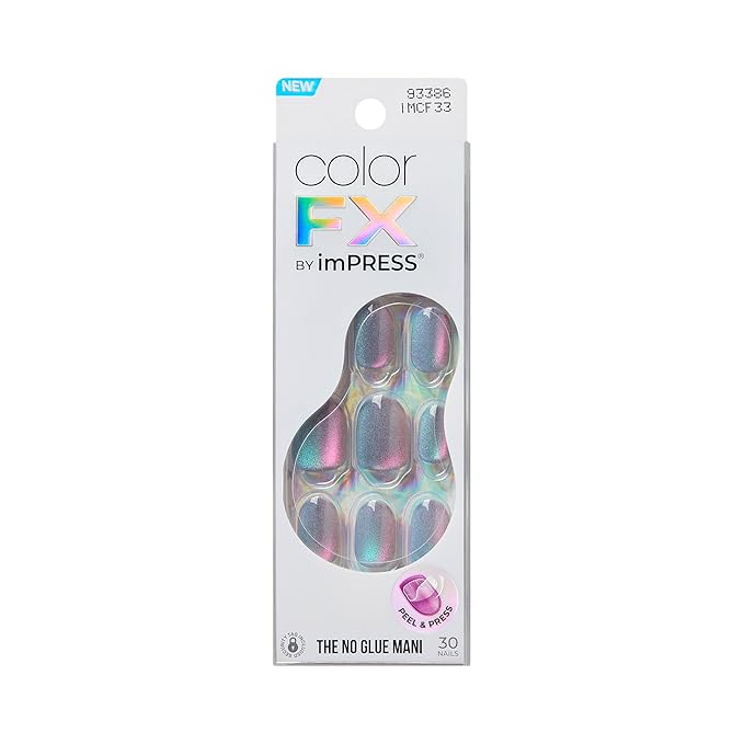 KISS imPRESS No Glue Mani Press On Nails, Color FX, 'Fly Up', Silver, Short Size, Oval Shape, Includes 30 Nails, Prep Pad, Instructions Sheet, 1 Manicure Stick, 1 Mini File
