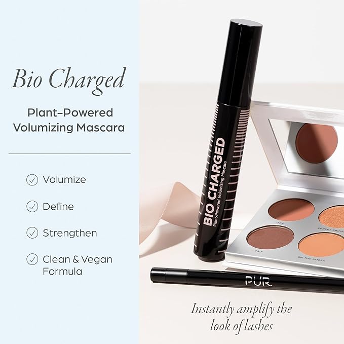 PÜR Beauty Bio Charged Plant-Powered Volumizing Mascara - Waterproof, Lightweight & Long-Lasting Vegan Lash Mascara for Volume & Length - Strengthen & Amplify the Look of Lashes – Natural & BPA Free
