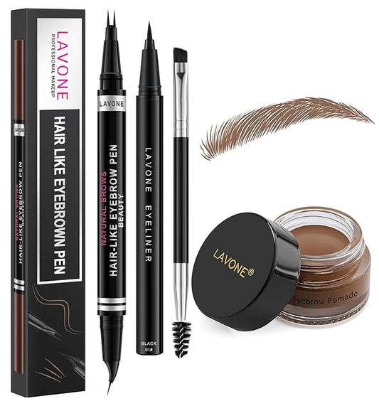 LAVONE Hair-Like Eyebrow Pen Makeup kit, Eyebrow Pencils for Women with Waterproof Microblading Eyebrow Pencil, Eyebrow Pomade, Eyeliner and Eyebrow Brush, Create Full, Natural Brows, Soft Brown