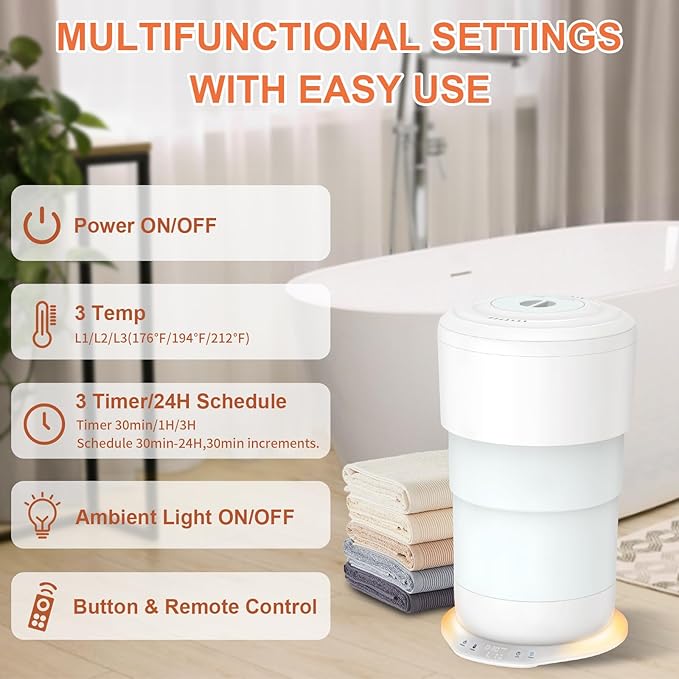 25L Foldable Towel Warmer Bucket, 212℉ Fast Heated Towel Warmers for Bathroom, Offers Custom Fragrance & Ambient Light for Home Spa, Auto Shut-Off, 3 Timers, Fits 2 Towels, Blanket, Bathrobe