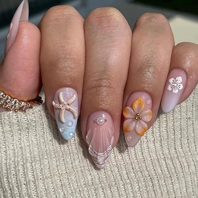 IMRAIN Beach Press on Nails Medium Almond Fake Nails with 3D Starfish Flower Designs Gel Handmade Acrylic False Nails Full Cover Glue on Nails Artificial Stick on Nails for Women DIY Manicure