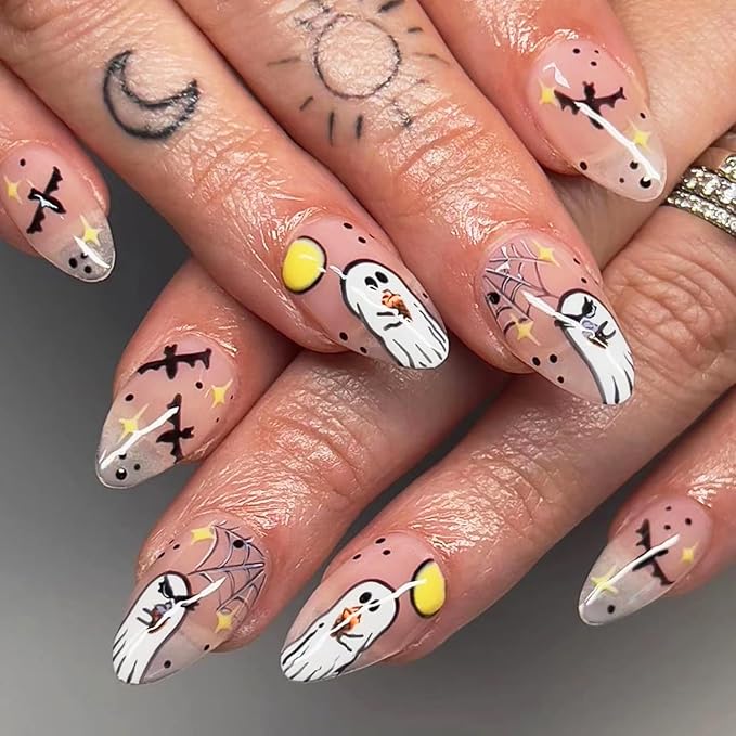 24Pcs Halloween Ghost Press on Nails Medium Almond Fake Nails with Stars Bat Spider Web Designs Glue on Nail Glossy Nude Acrylic Nail Halloween Full Cover Stick on Nails for Women DIY Manicure Salon
