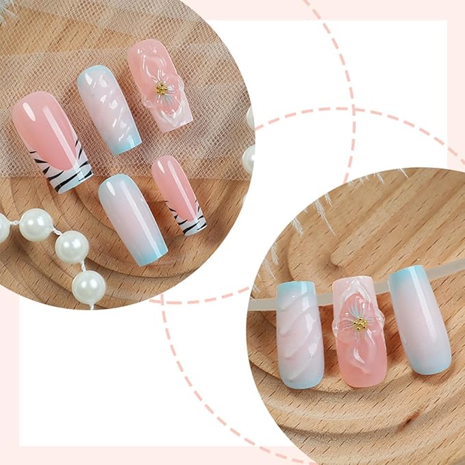 24Pcs Blue Flower Press on Nails Long Square French Tip Fake Nails with 3D Flower Rhinestones Designs Summer False Nails Cute Acrylic Stick on Nails Full Cover Glue on Nails for Women Manicure Kit