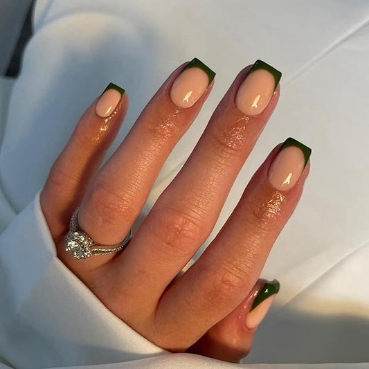 30Pcs Dark Green French Tip Press on Nails Short Square Nails Press ons, Short Fake Nails Coffin Acrylic French Glue on Nail False for Women, Natural15 Sizes