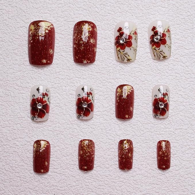 24Pcs Red Flower Press on Nails Medium Square Fake Nails Gold Floral Leaf False Nails with Rhinestones Glossy Design Summer Artificial Nails Full Cover Glue on Nails for Women DIY Acrylic Nails Kit