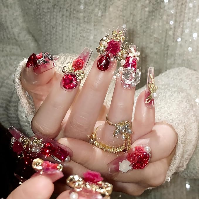 BABALAL Press on Nails Long Coffin Fake Nails Pink Glue on Heart Bow Charm Luxury Shine Acrylic Nails 24Pcs DIY Glossy Bling Artificial False Nails Supplies Handmade Ballerina Nail for Women Nails Art