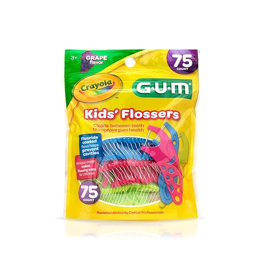 GUM Crayola Kids Flossers with Fluoride - Designed for Little Hands - Fun Grape Flavor - Easy to Use Kids Floss Picks for Children Ages 3+, 75 ct
