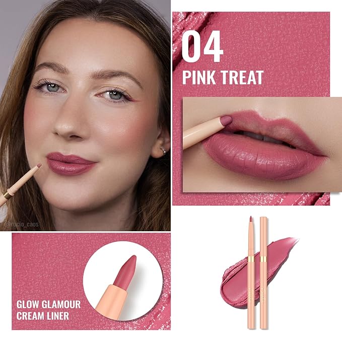 Oulac Pink Retractable Lipliner Pencil 2in1 Waterproof Makeup Crayon for Lip Liner and Eye Liner, Smooth and Creamy, Long Lasting Matte Finish, Vegan Beauty, 04 Pink Treat