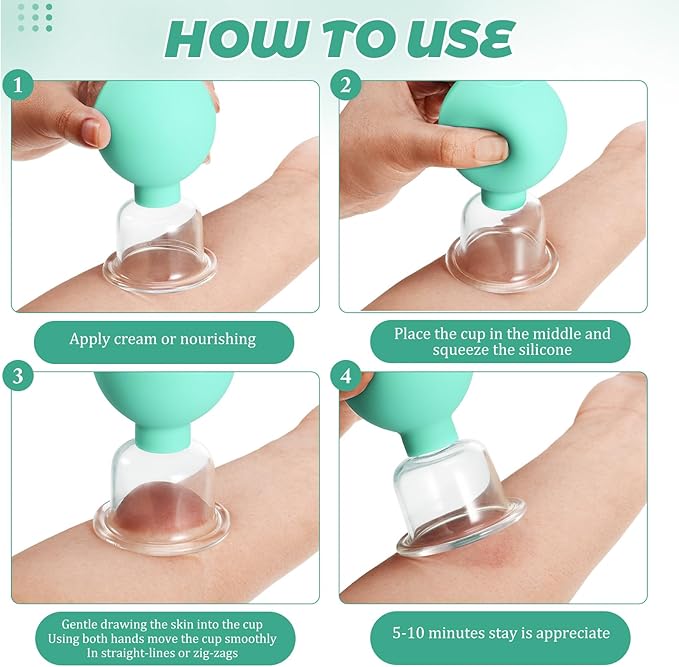 BBTO 4 Pieces Glass Cupping Set Glass Silicone Cupping Cups Massage Vacuum Suction Cupping Cups for Body Face Leg Arm Back Shoulder Muscle and Joint Pain (Mint Green)