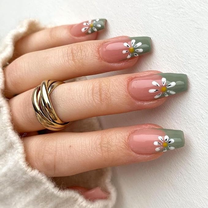 Coffin Press on Nails Medium Green French Tip False Nails with White Flower Design Coffin Nails Press ons Light Pink Full Cover Glue on Nails Glossy Fake Nails Cute Stick on Nails for Women 24Pcs