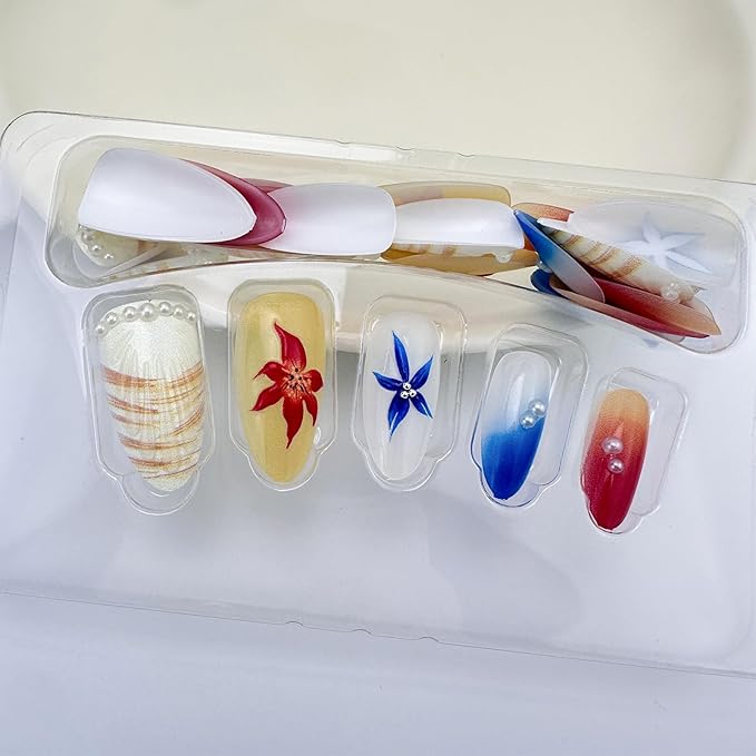 30Pcs Summer Press on Nails Medium Almond Fake Nails with 3D Shell Pearl Rhinestones Design Spring Floral Beach Acrylic False Nails Blue Ombre Vacation Stick on Nails Glue on Nails for Women