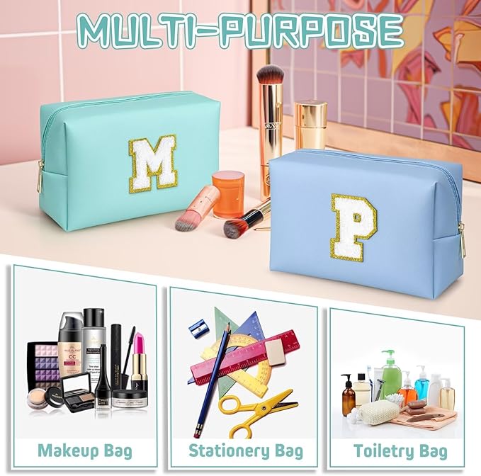 TOPEAST Initial Makeup Bags for Women, Cute Makeup Pouch, Waterproof Travel Toiletry Bag, Personalized Gifts for Girlfriend Wife on Valentine's Day Anniversary, Preppy Stuff Gift for Girl (Blue W)