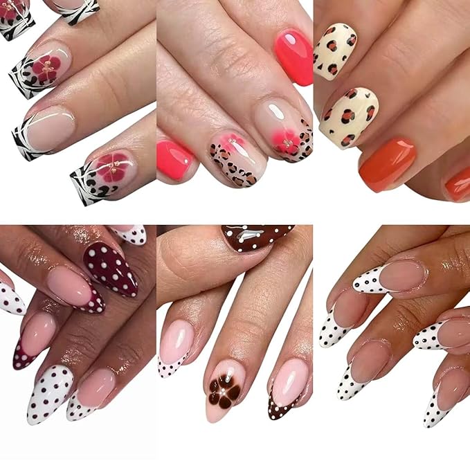 6 Packs (144 Pcs) Press on Nails Short Square, Almond Press on Nails, with Leopard Print Polka Dot Design French Tip Fake Nails for Women - 12 Sizes, 6Styles