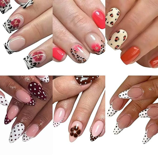 6 Packs (144 Pcs) Press on Nails Short Square, Almond Press on Nails, with Leopard Print Polka Dot Design French Tip Fake Nails for Women - 12 Sizes, 6Styles