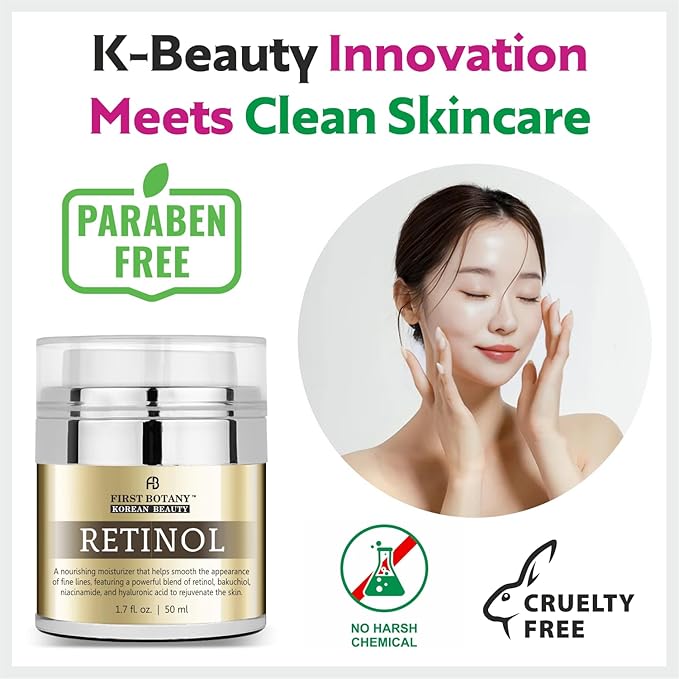 First Botany Korean Retinol Moisturizer Face Cream - Hydrating Anti-Aging Facial & Neck Cream with Bakuchiol, Niacinamide & Hyaluronic Acid - Made in Korea, Cruelty-Free 1.7 Fl Oz