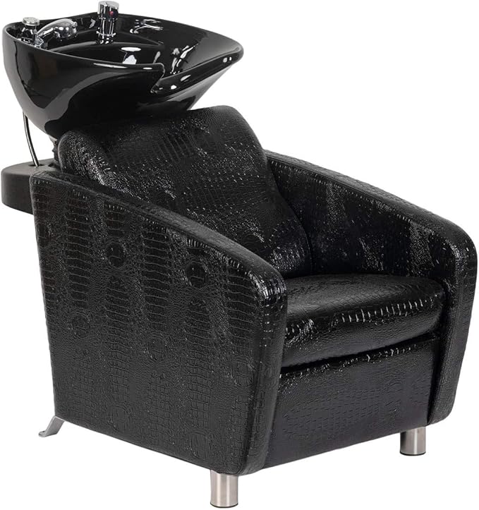 Buy-Rite Shelby Backwash Unit with deep tilting bowl, dual nozzle, wide seat, lumbar support, vacuum breaker & crocodile vinyl. Model YLG-556-CROC.