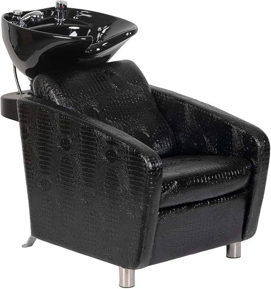 Buy-Rite Shelby Backwash Unit with deep tilting bowl, dual nozzle, wide seat, lumbar support, vacuum breaker & crocodile vinyl. Model YLG-556-CROC.