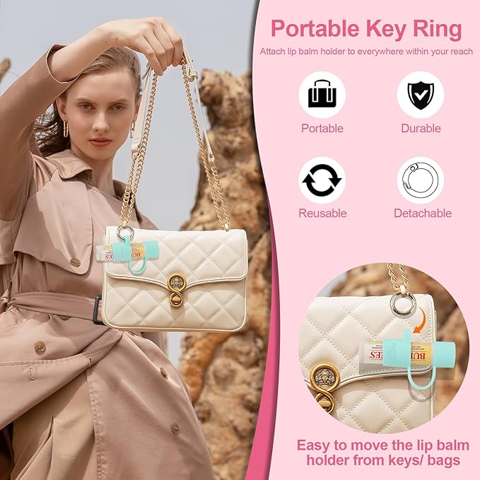 Desing Wish Silicone Lip Balm Holder with Cap Cover Portable Chapstick Holder Keychain Sleeve Lip Balm Key Chain with Key Ring and Wrist Strap Lanyard - Mint Green