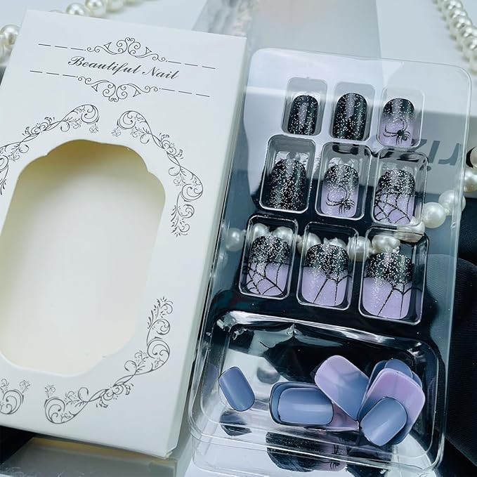 24Pcs Halloween Spider Press on Nails Short Square Fake Nails with Black Purple Glitter Designs Spider Web Full Cover Acrylic Stick on Nails Bling Halloween Nails Glossy Glue on Nails for Women Girls