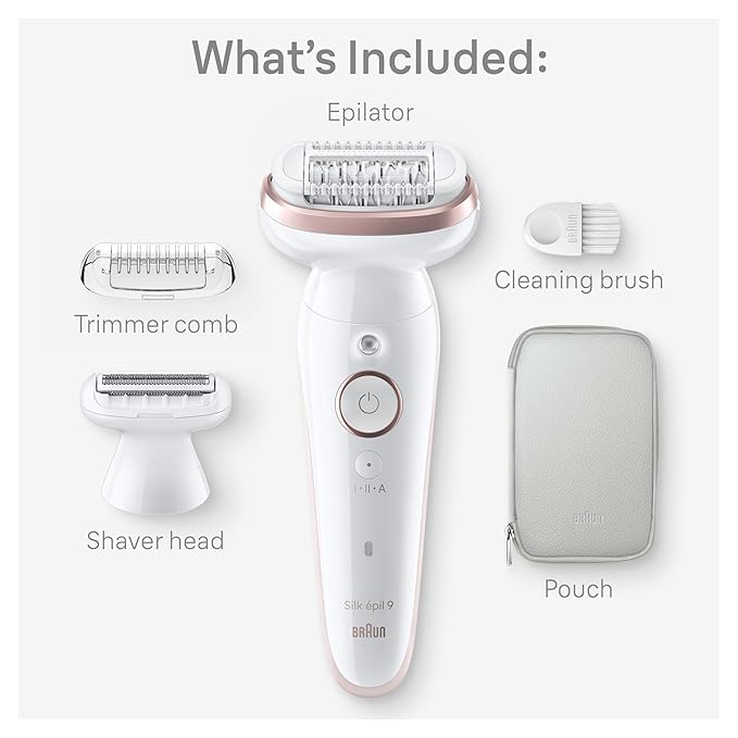 Braun Epilator Silk-épil 9, Hair Removal Device, Women Shaver & Trimmer, Pivoting Head, Wet and Dry Epilator, Includes Shaver Head and Trimmer Comb, SES9-030