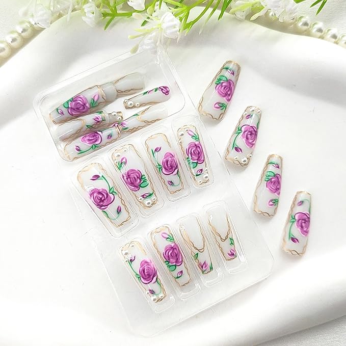 Extra Long Press on Nails Coffin False Nails Purplr Flower Golden Lines Design Pearl Glue on Nails White Acrylic Nails Press ons Glossy Fake Nails Long Coffin Stick on Nails for Women 24Pcs
