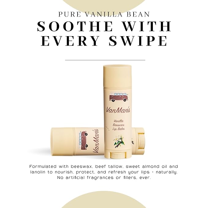 VanMan Beeswax Lip Balm Tube – Organic Tallow Balm with Grass-Fed and Finished Suet Beef Tallow, Sweet Almond Oil, and Lanolin – Hydrating Lip Moisturizer – Vanilla – 3 Tube Pack