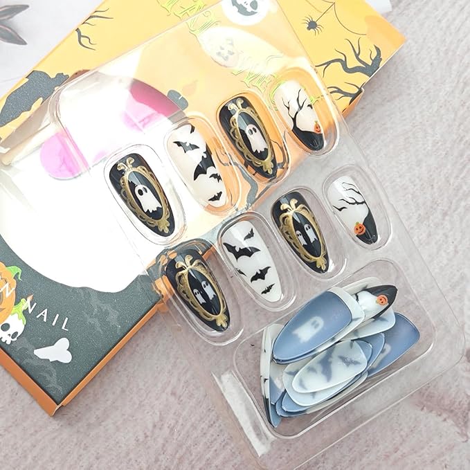 24Pcs Halloween Cute Ghost Press on Nails Medium Almond French Tip Fake Nails with Black Bat Branch Design Gilding Stick on Nails Full Cover Artificial Glue on Nails Glitter Nail Supplies for Women