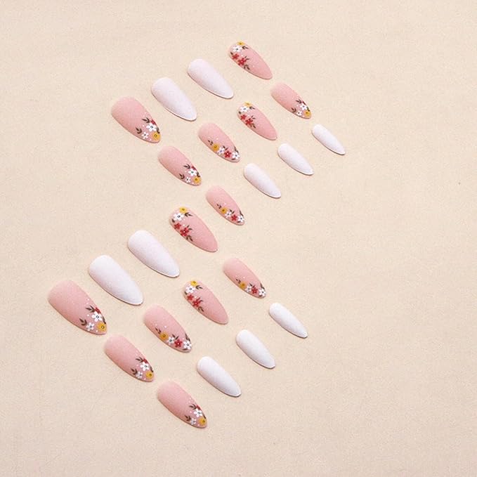 Almond Press on Nails - Pink Nude False Nails with French Flower Designs, Glossy Full Cover Stick on Nails for Women & Girls - 24pcs