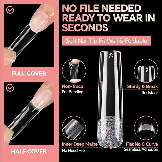 Extra Long Sqaure Nail Tips: 120 Pcs XXL Nail Tips Square Pre-buffed Full Cover Clear Gel Nails Tips for Acrylic Nails Professional, 12 Sizes No C Curve Fake Nails for Nail Extensions Home DIY Salon