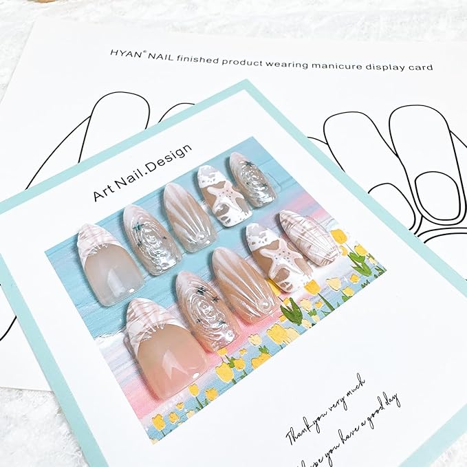 30 Pcs White French Tip Press on Nails Medium Almond Fake Nails with 3D Starfish Seashell Designs Reusable Summer Beach Acrylic Nails White Ocean False Nail Tips Pearl Stick on Nails for Women