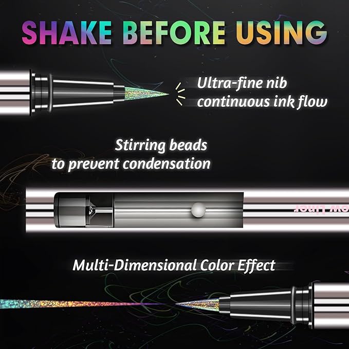 CHARMACY Chameleon Liquid Eyeliner, Liquid Glitter Eyeliner, Highly Pigmented, Metallic MultiColor Shifting waterproof Eyeliner, Ultra-Fine Tip, Longwearing, Smudge-proof (A01 Blush Aurora)