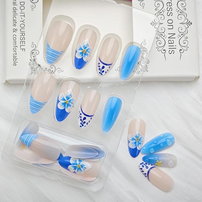 24Pcs Blue Flower Press on Nails Short Almond French Tip Fake Nails 3D Gold Rhinestones Flower Core Design Summer Starfish False Nails Cute Stick on Nails Full Cover Glue on Nails for Women Acrylic