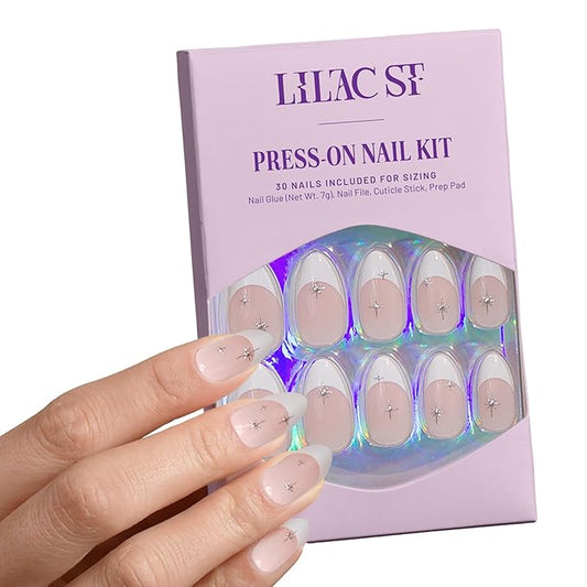 Lilac St - Press On Nails, Seeing Stars (30 Nails, 15 Sizes) - Medium, Almond, Glossy, Opaque - Brush-On Nail Glue, Nail File, Cuticle Stick, Prep Pad - Reusable - Cruelty Free, Vegan, Women Founded