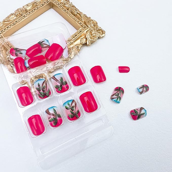 24pcs Summer Press on Nails Short Pink Fake Nails Square Nail Tips Coconut Tree Glue on Nails Gradient False Nails Beach Nail Design Full Cover Acrylic Nails Stick on Nails for Women Nail Decoration