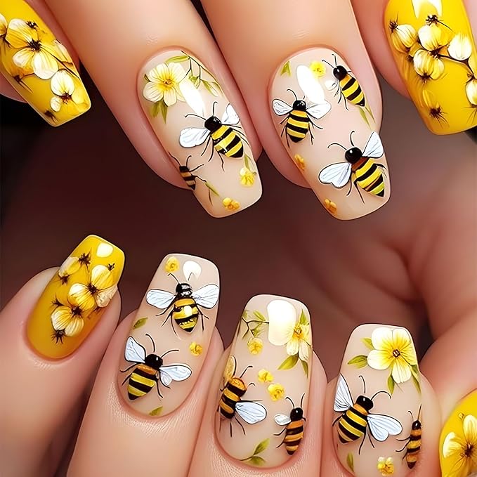 Press on Nails Medium Length Cute Bee Pattern Design Artificial False Nail Full Cover Flower Stick on Nails Press Ons with Design Ballet Shaped Acrylic Glossy Glue on Nailc for Women 24Pcs