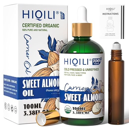 HIQILI Sweet Almond Oil, Skin, Hair Care, 100% Pure Organic Carrier Oil, Hexane Free, Unscented - 3.38 Fl Oz